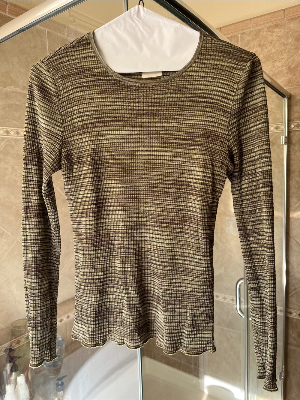Escada Olive and Brown Striped Ribbed Long Sleeve Top